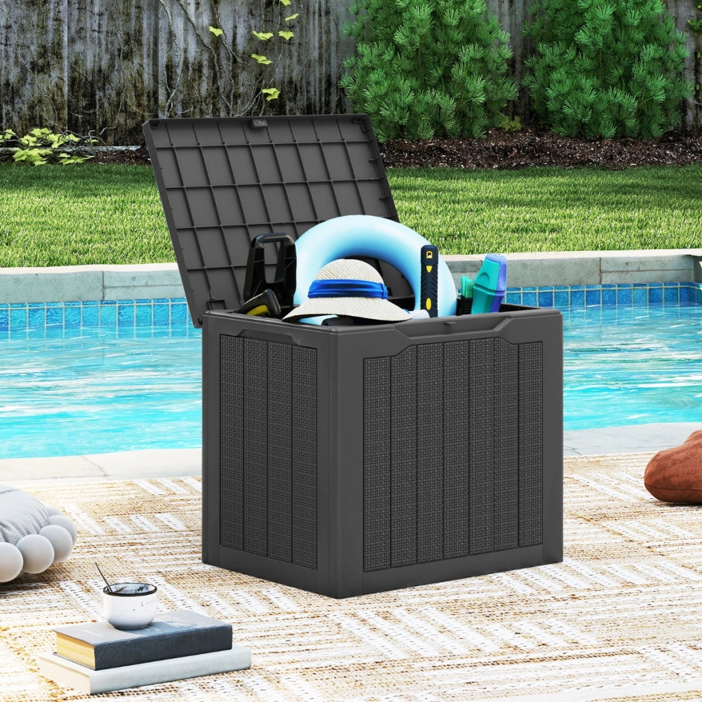 Contenitore per terrazza da 25 galloni con coperchio bloccabile e tessitura in vimini, Scatola di stoccaggio da esterno Nero-Panchine