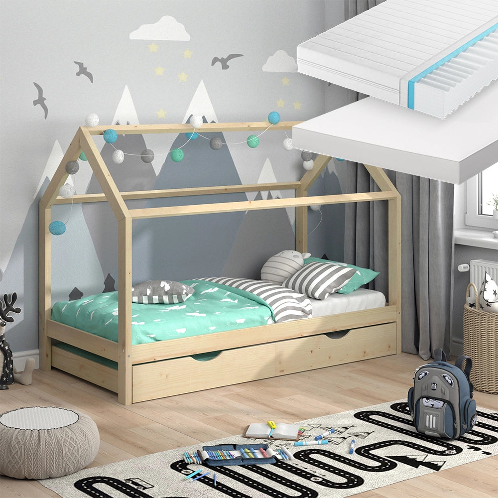 Vitalispa Letto montessori bambini Legno naturale 90x200 cm con letto per ospiti e 2 materassi