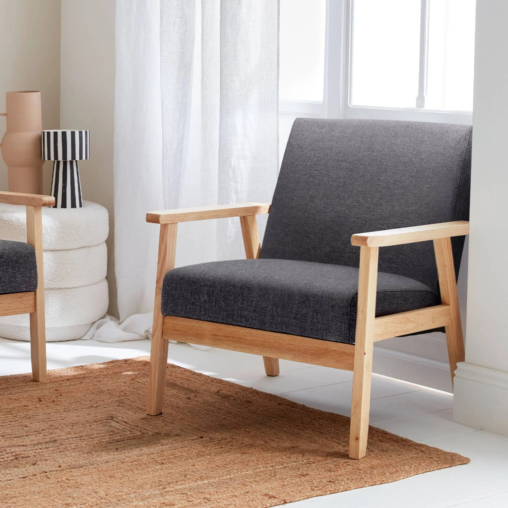 Poltrona scandinava in legno e tessuto, grigio scuro