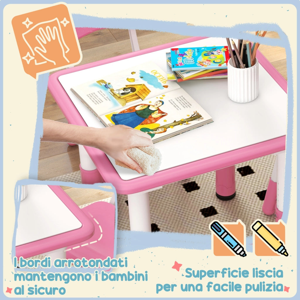 Tavolo e Sedie per Bambini 5pz con Sedie Regolabili ¨C zephmum ¨C Rosa 60x60x46-58 cm