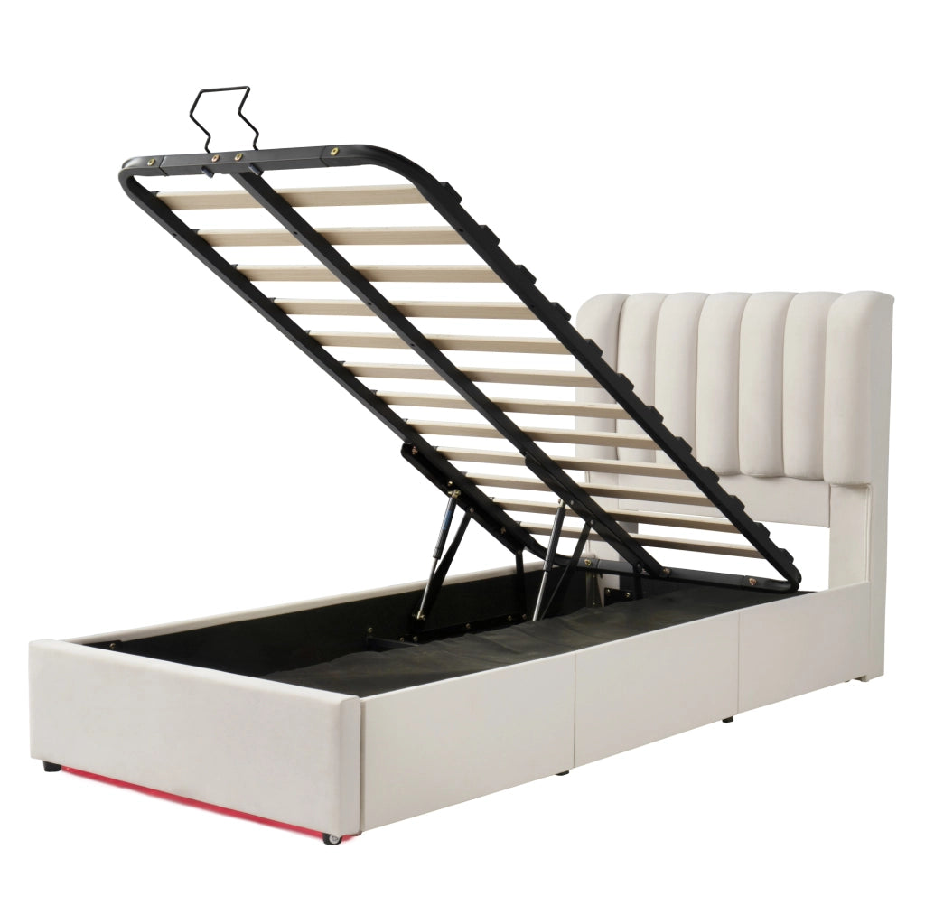 Letto contenitore 90x200 cm con cassetti e LED in velluto beige