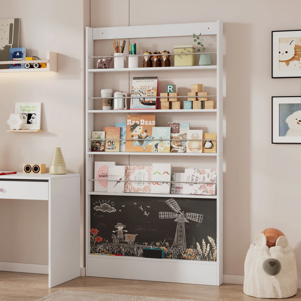 Libreria doppia salvaspazio da 100x10x180 cm, bianca, con lavagna nera, protezione antiribaltamento