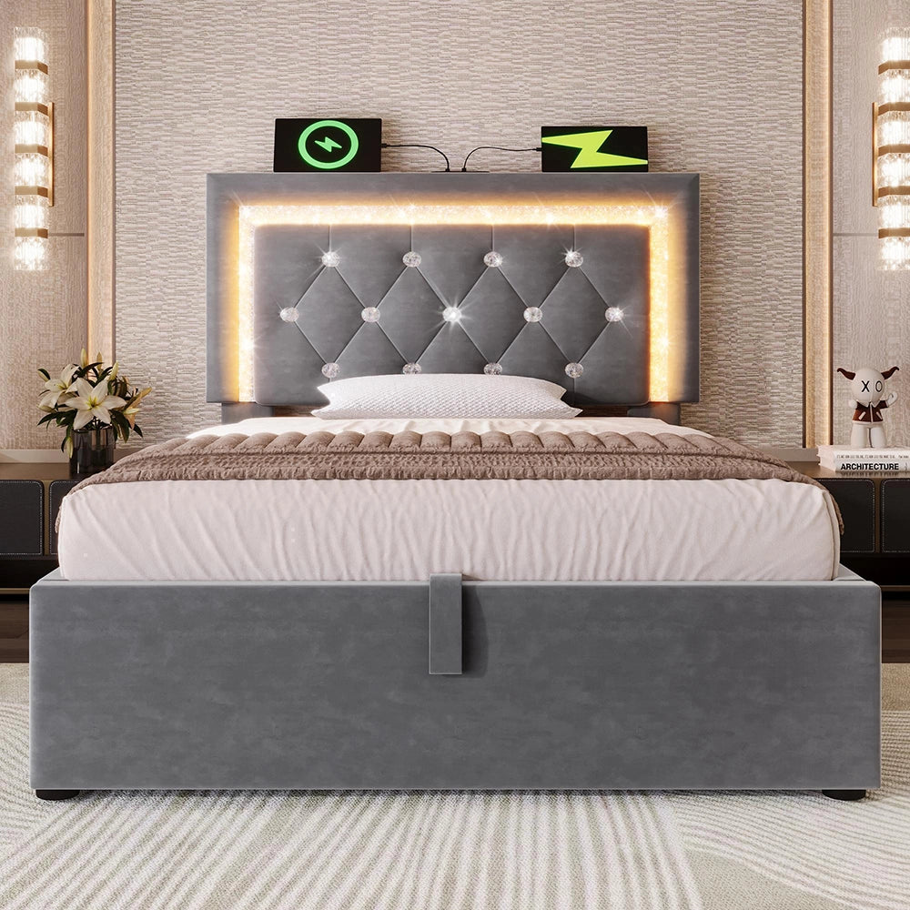Letto imbottito-Xylo-90x200cm LED diamante USB-C idraulico velluto grigio con materasso