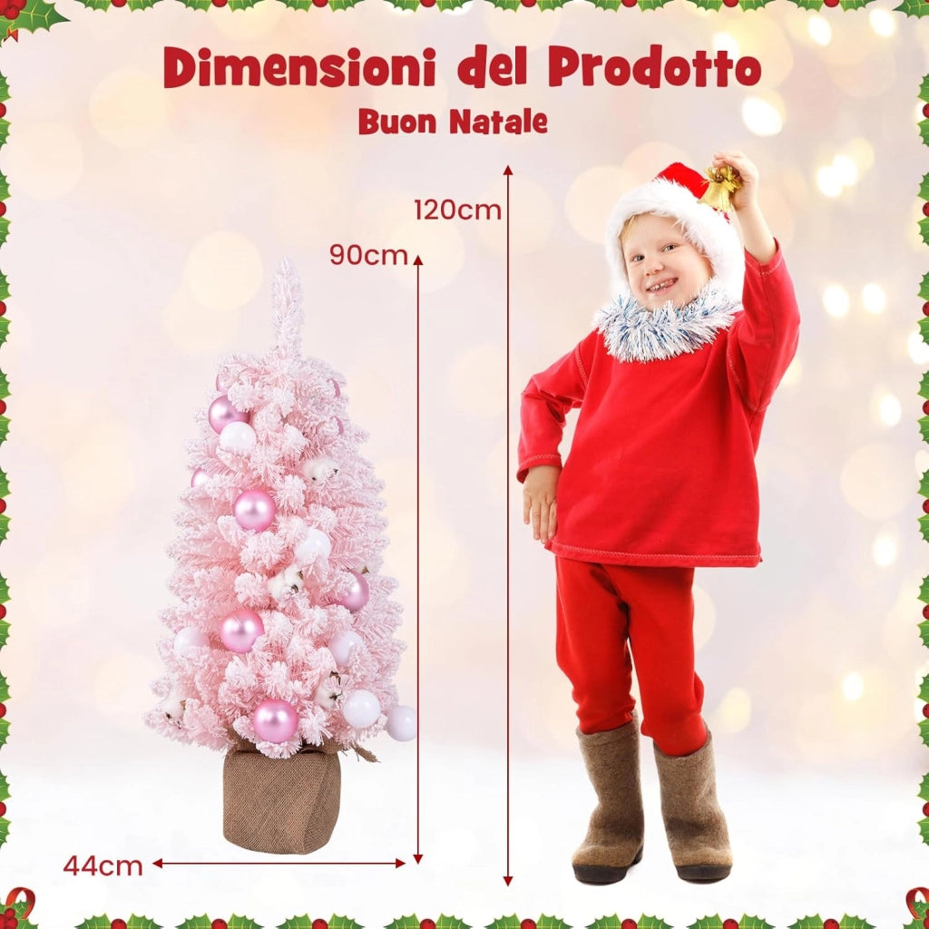 Albero di Natale Artificiale Mini 90 cm, Albero di Natale Innevato da Tavolo con 12 Palline di Cotone Naturale, 24 Palline Decorative e Rami Imbiancati, Decorazione per Feste (Rosa)