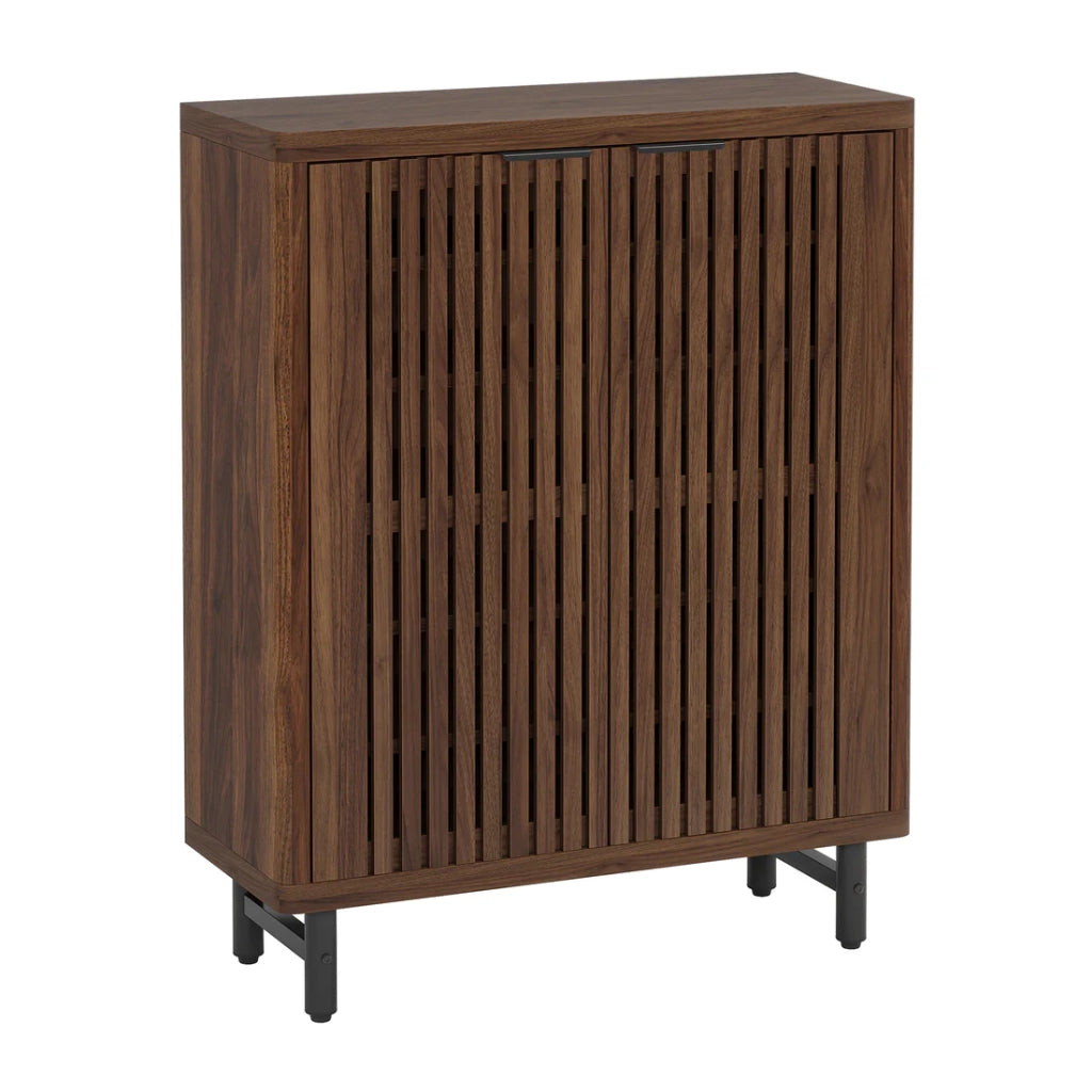 Scarpiera con 2 ante a lamelle; 5 ripiani regolabili e vano aperto; per ingresso; 85×35×110 cm; marrone scuro