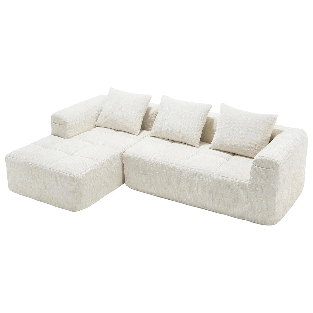 Divano modulare angolare - Xylo - 3 posti in L, chenille, beige, con pouf