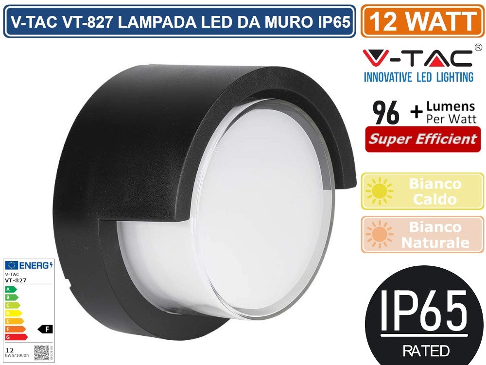 V-TAC VT-827 LAMPADA LED DA MURO 12W WALL LIGHT IP65 APPLIQUE ROTONDA COLORE NERO - Colore Luce:Bianco Naturale