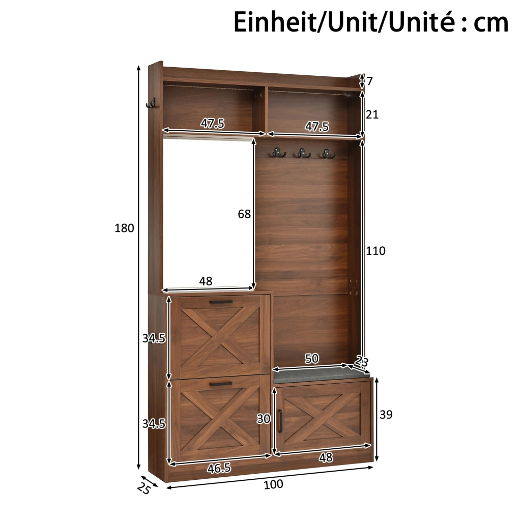 Mobile da ingresso con specchio e LED regolabile con 2 ribalte scarpiera e seduta imbottita noce 100 × 25 × 180 cm