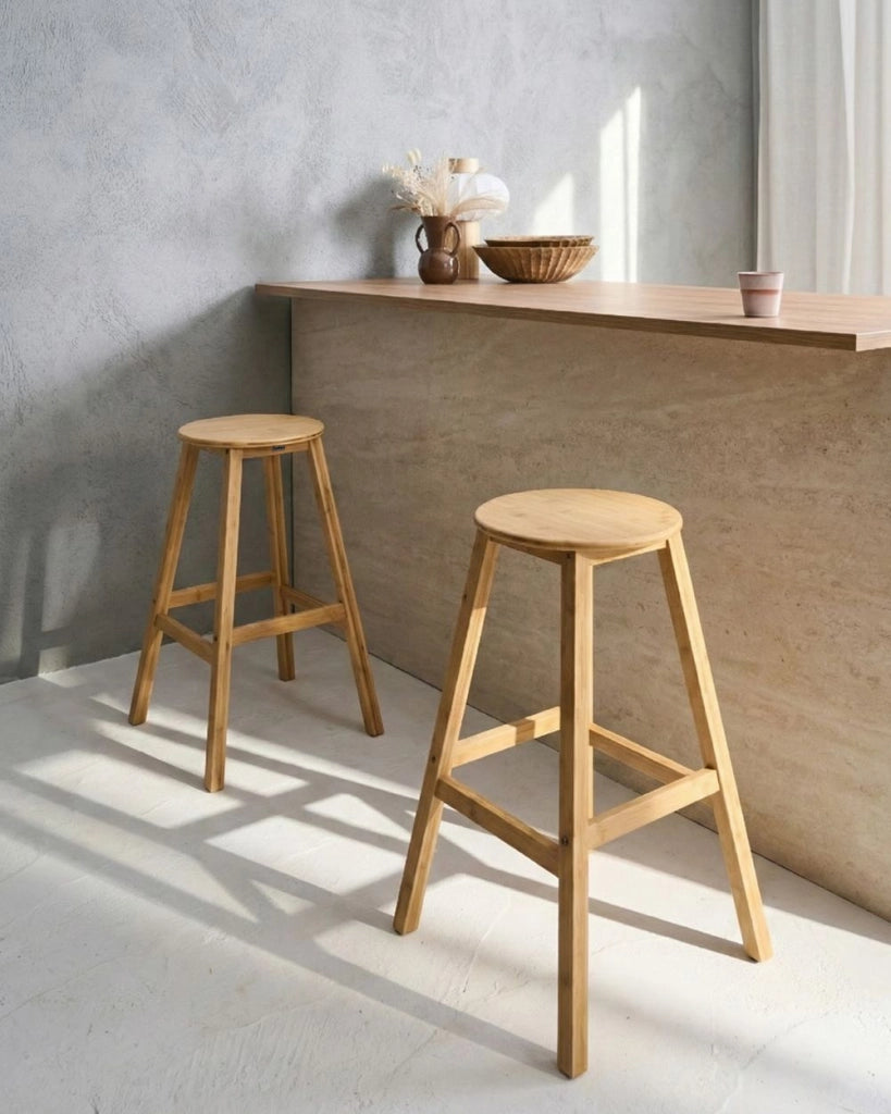 Set di 2 sgabelli da bar in legno di bambù marrone chiaro stile classico per cucina e sala da pranzo