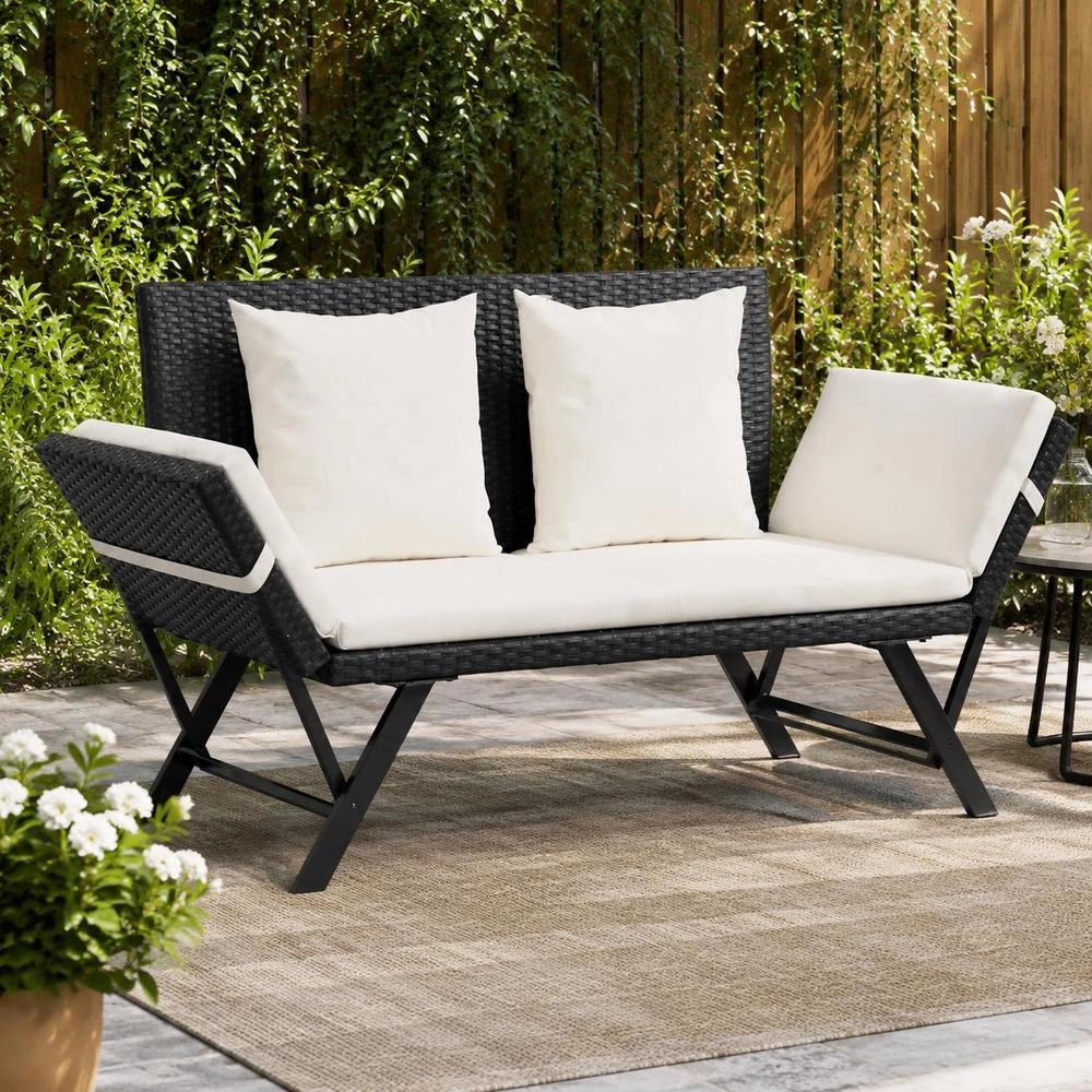 Garden Bench With Cushions, 176 Cm, Black Poly Rattan