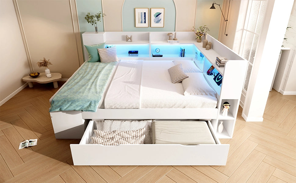 DESMIU Letto singolo 140 × 200 cm con USB, Type-C, LED, ripiani e cassetti, senza materasso, in legno, bianco