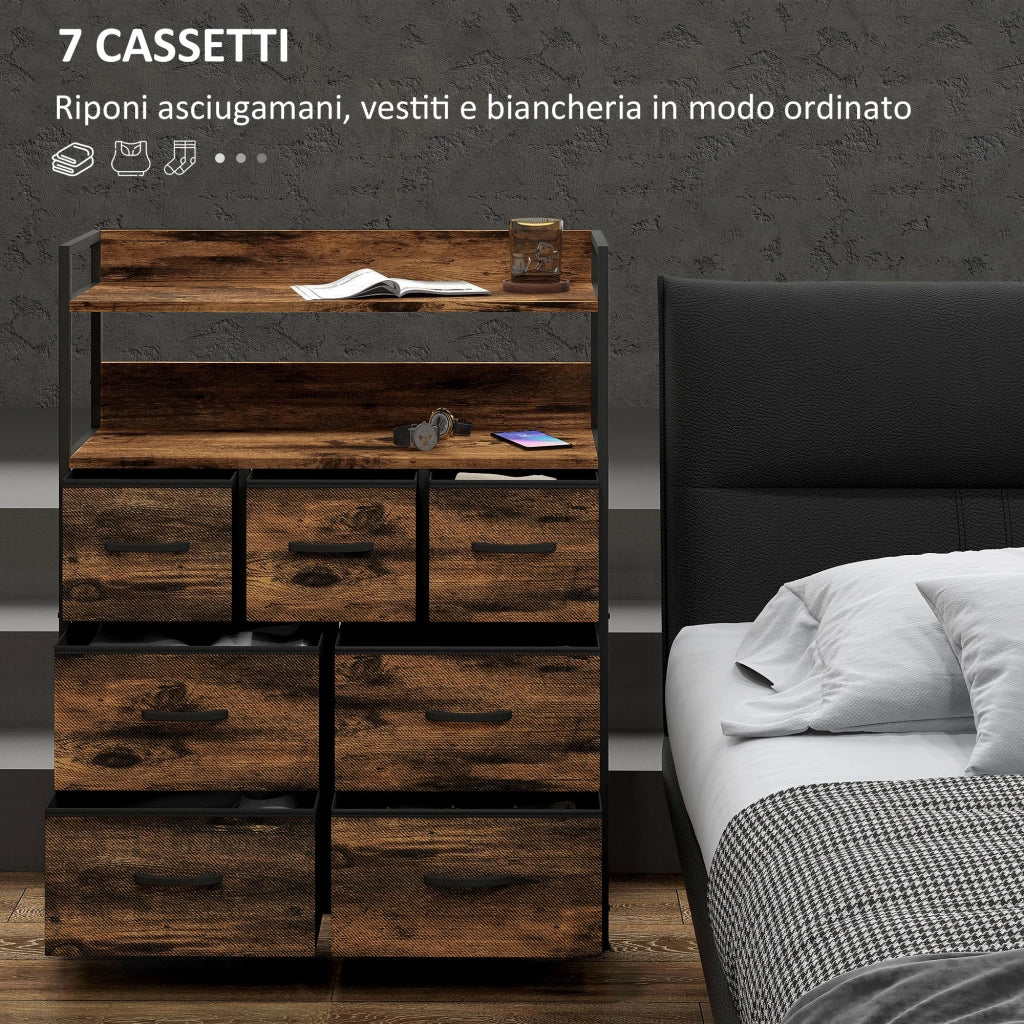 Cassettiera 7 Cassetti Rimovibili con 2 Ripiani Industriale in Legno e Acciaio, 79x29x101 cm, Marrone e Nero