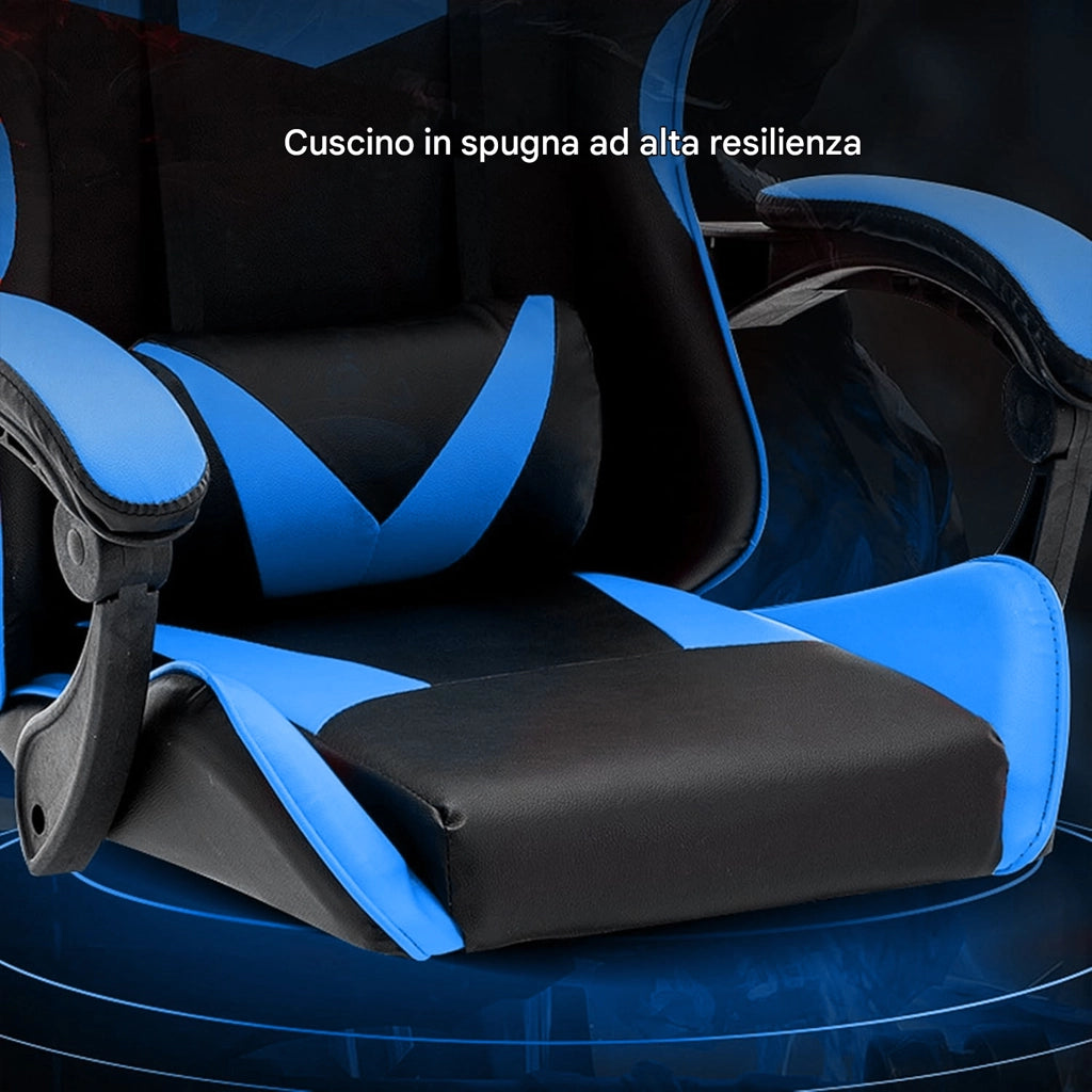 Sedia Gaming Blu con Poggiatesta e Cuscino Lombare Seduta Ergonomica Reclinabile