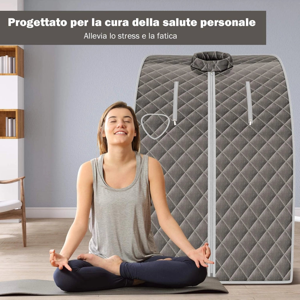 Cabina Sauna a Vapore, Sauna da Casa con Sedia, Telecomando, Timer e Temperatura Regolabili, con Funzione Atomizzazione e Coperchio di Vetro Temperato Antiscoppio (Grigio)