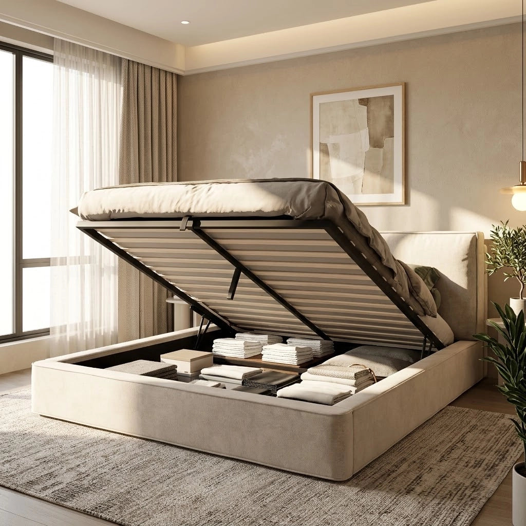 Letto imbottito letto doppio 180 x 200cm letto idraulico funzionale letto con telaio a listelle testiera testiera imbottita incluso materasso chenille beige