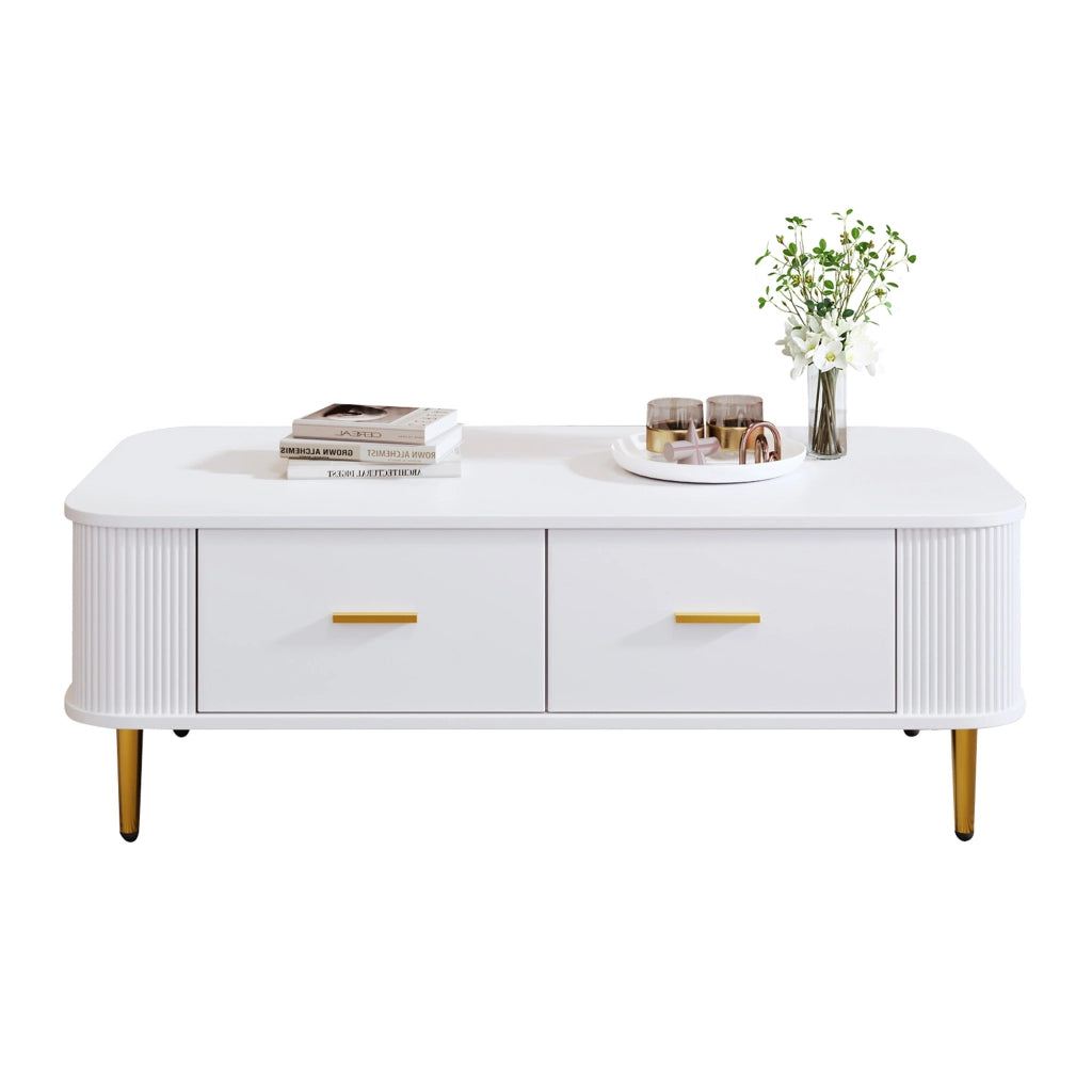 Tavolino da Salotto con 4 Cassetti; Angoli Arrotondati e Fianchi Ondulati; per Soggiorno; in MDF; 105 × 51 × 38 cm; Bianco