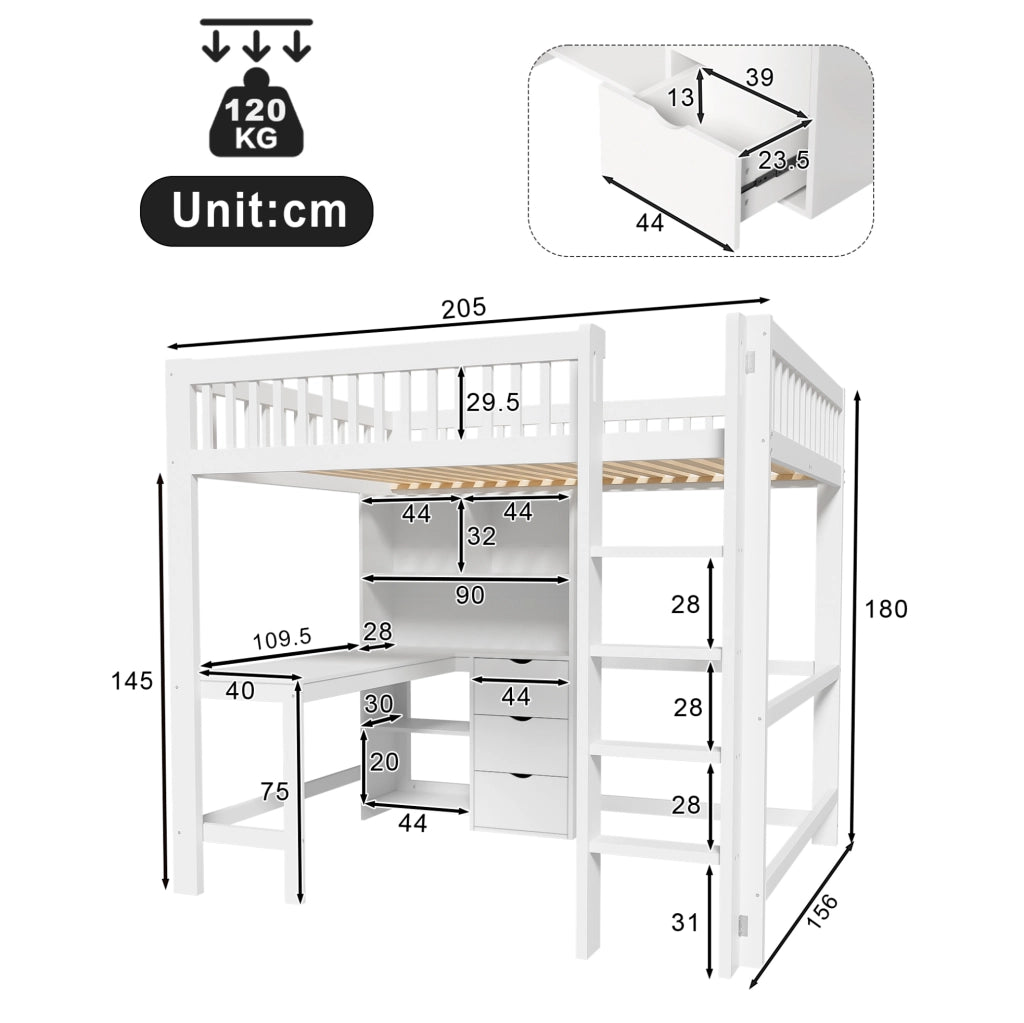 Letto a soppalco 140x200 cm in legno di pino e MDF; bianco; con scrivania; scala e cassetti