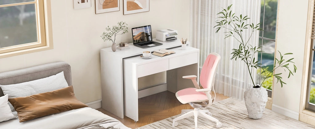 Scrivania 2-in-1 pieghevole con ruote, tavolo compatto in truciolare bianco 110×40×78 cm