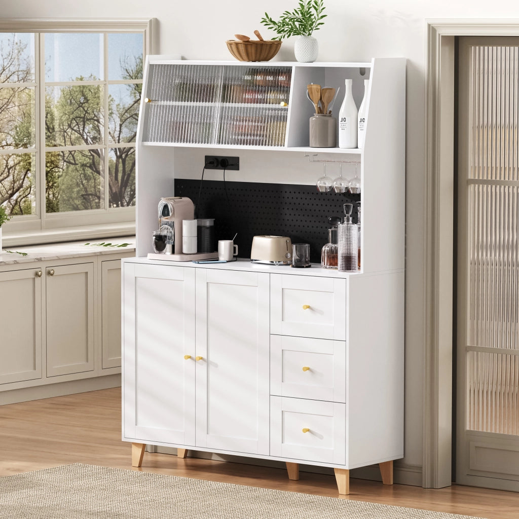 Credenza alta da cucina con 3 Cassetti; Ripiani Regolabili; Prese e Pannello Forato; in MDF; 120x40x184 cm; Bianco