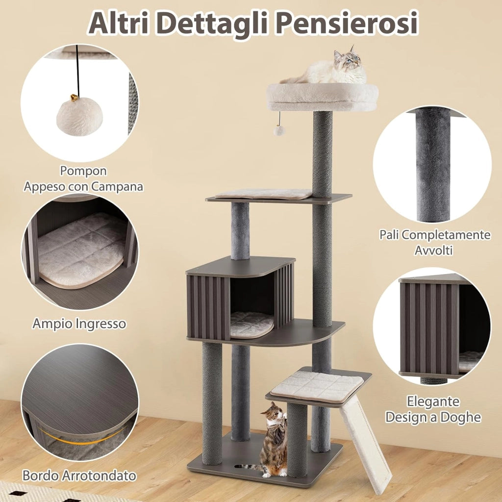 Albero per Gatti a 6 Livelli, Torre per Gatti Alta 171 cm con Cuscino, Condominio, Tappetini Staccabili e Pannello in Sisal, Albero Tiragraffi in Legno con Palla Pompom Appesa