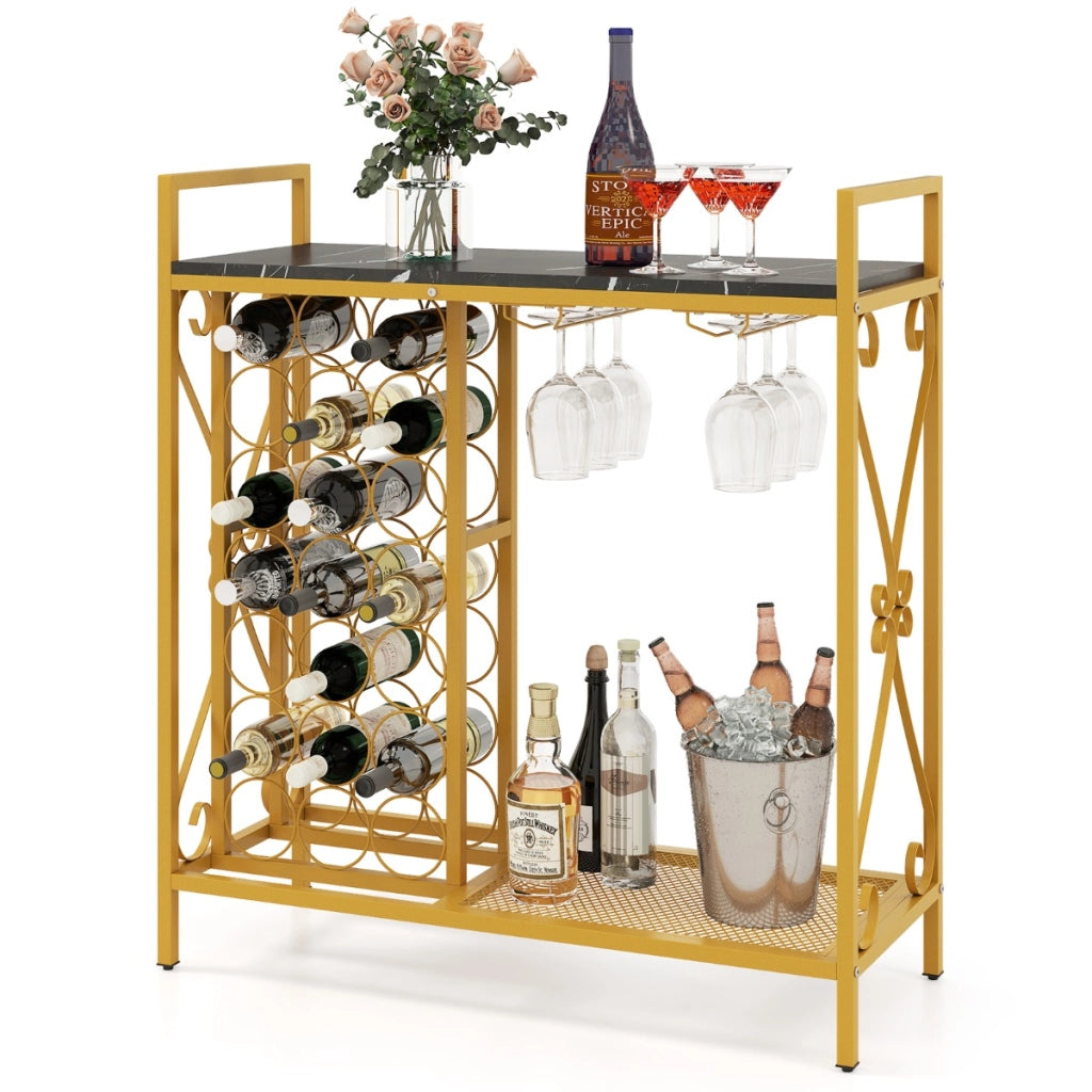 Portabottiglie indipendente con portabicchieri e piano d'appoggio, Portavino in metallo 93 x 38 x 102 cm Oro-Portabottiglie