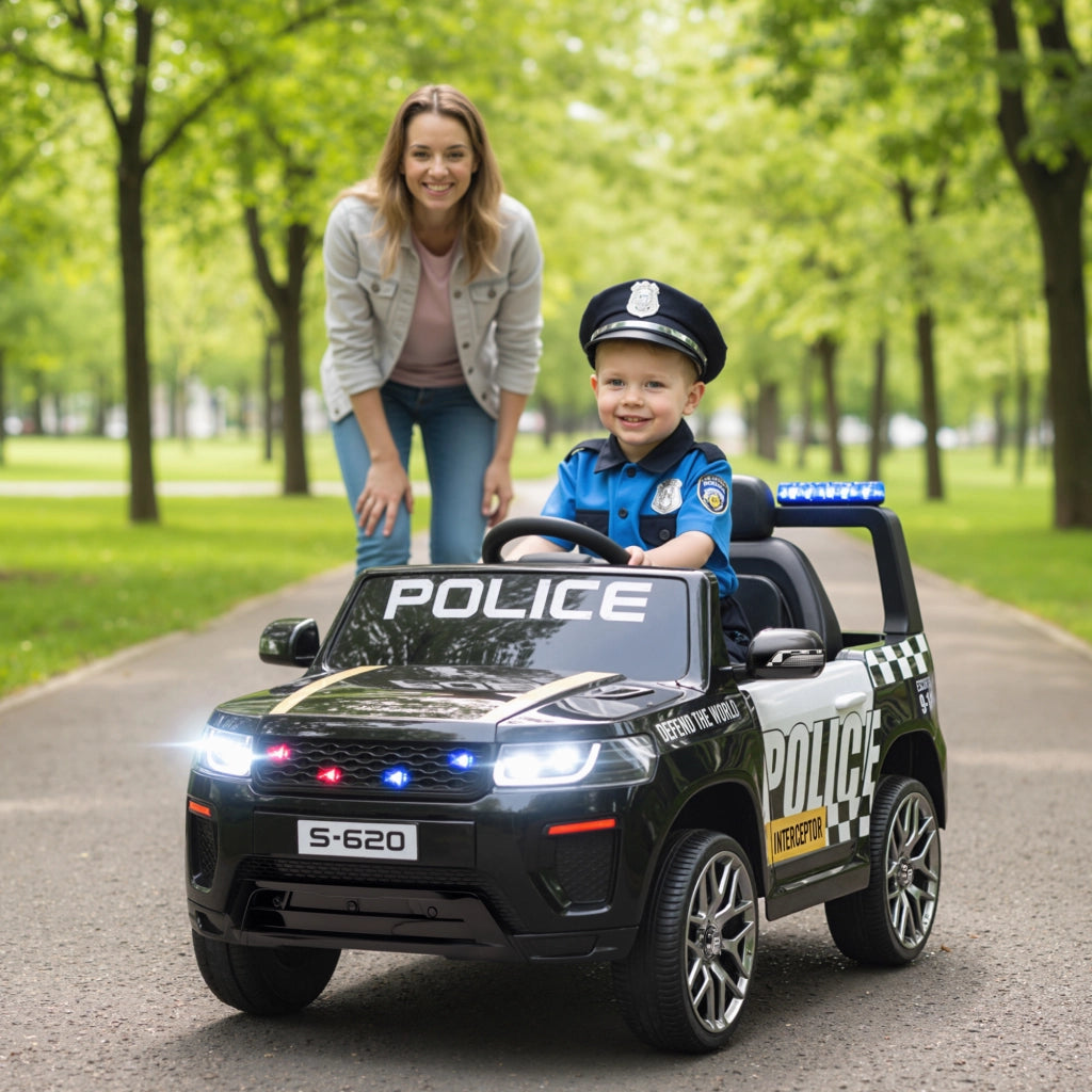 Macchina Elettrica della Polizia per Bambini 12V con Telecomando, Sirena e Lampeggianti, Et¨¤ 3-5 Anni, Nero