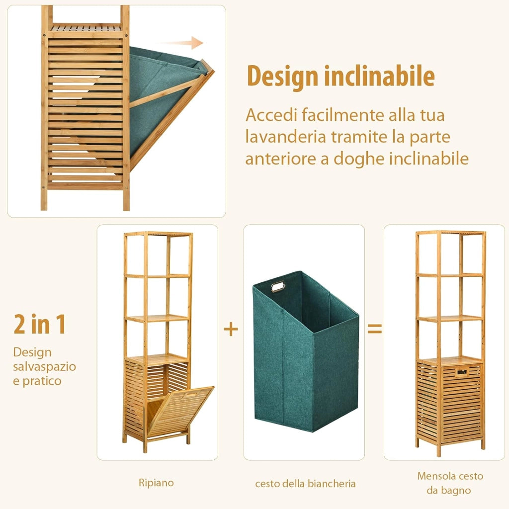 Cesto della Biancheria a Scomparsa per Bagno, Organizer Torre con Cesta di Bambù e 3 Mensole, Scaffale con Cesto per Bagno Camera da Letto