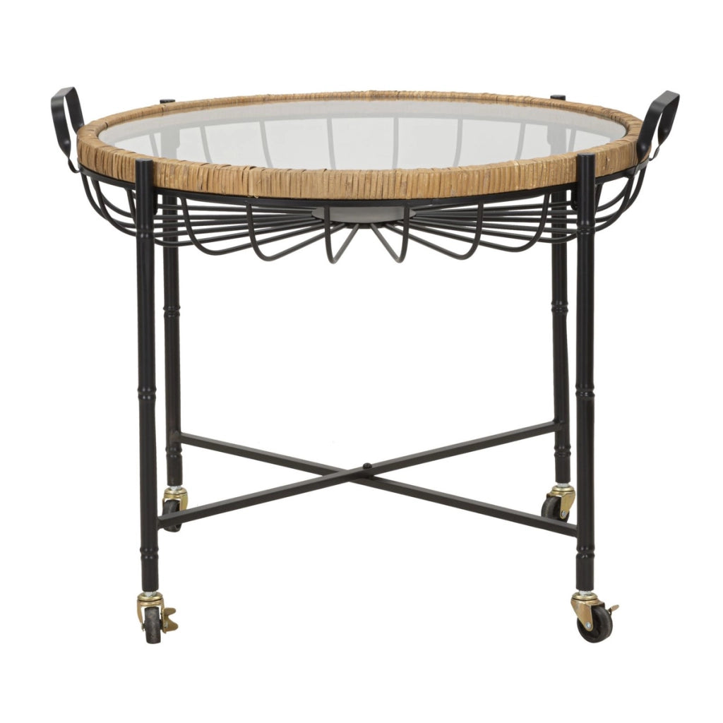 Tavolino Cebu con piano in vetro e ruote, ferro e rattan — 70,5x65x57 cm
