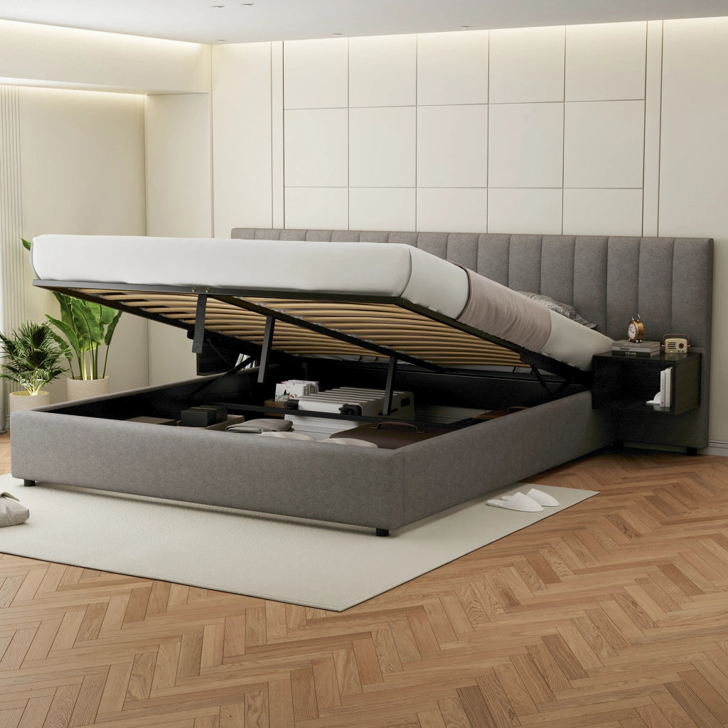 Letto imbottito 180x200 cm con contenitore idraulico e 2 comodini, rete a doghe in legno, lino grigio e nero