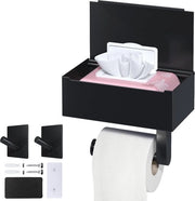 Tazza per il WC in materiale nero con pannello - Supporto per carta igienica in acciaio inossidabile per la parete - Cassetto per asciugatura - Cassa per tessuto - Autoadesivo o da forare - 2 chiodi inclusi