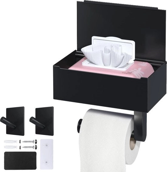 Tazza per il WC in materiale nero con pannello - Supporto per carta igienica in acciaio inossidabile per la parete - Cassetto per asciugatura - Cassa per tessuto - Autoadesivo o da forare - 2 chiodi inclusi