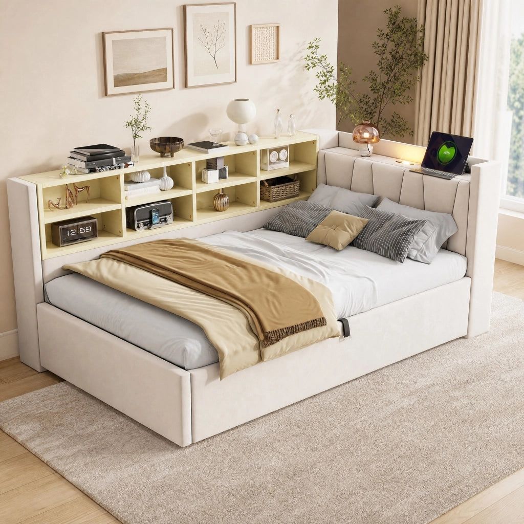 LETTO Contenitore 90x200 cm in Velluto Beige con testiera multifunzione