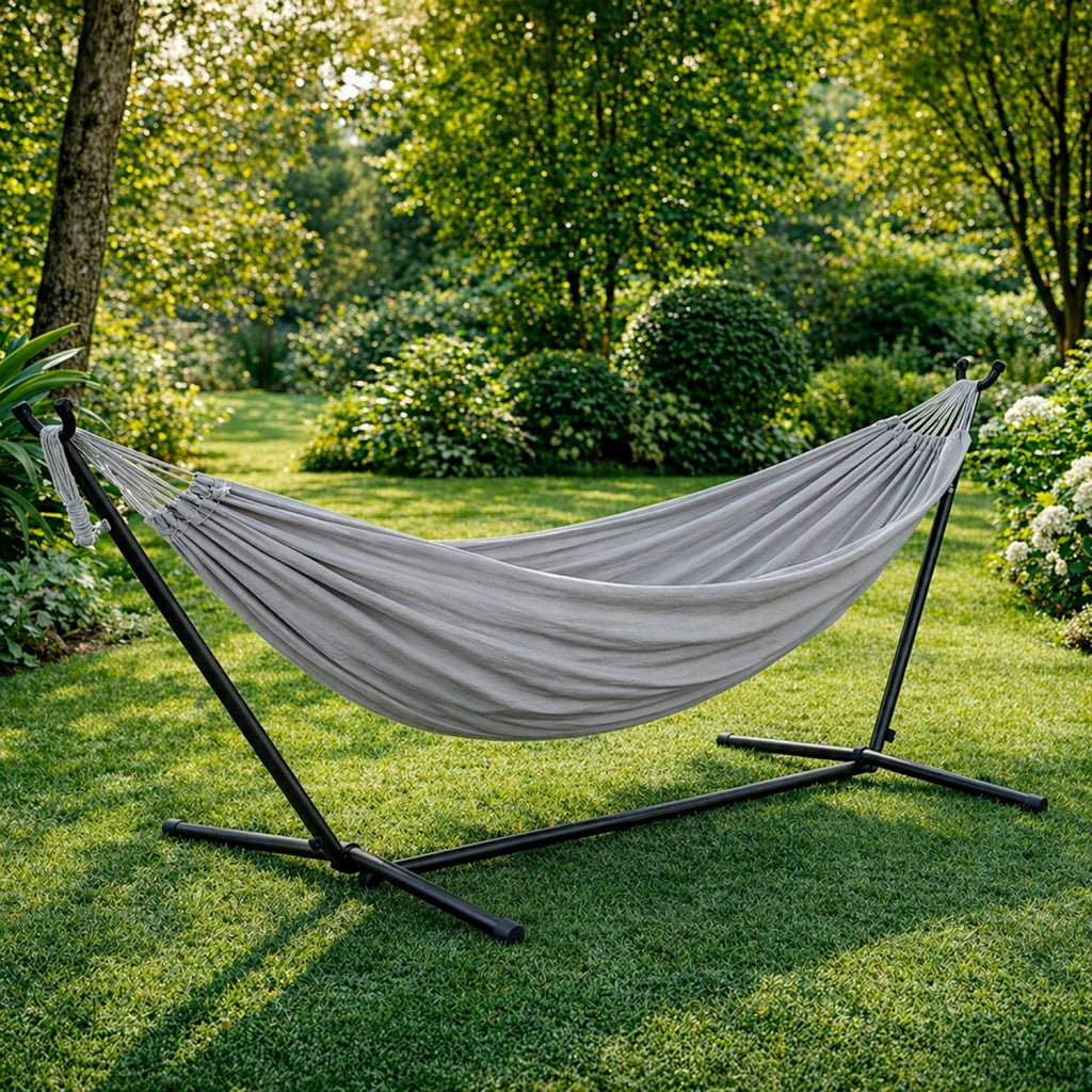 Amaca Brasiliana Con Supporto In Acciaio Altezza Regolabile Telo Cotone Da Esterno Per Giardino Balcone Piscina Grigio