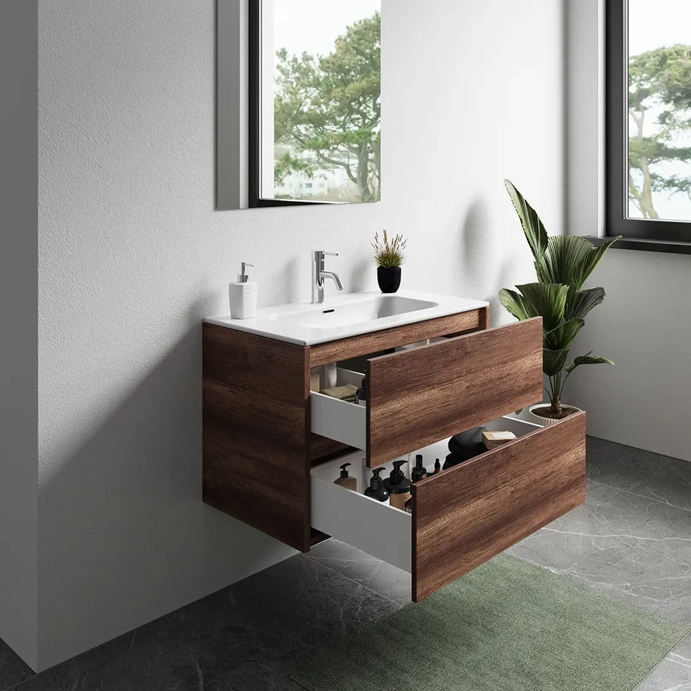 Mobile bagno sospeso 90cm due cassetti apertura push&pull rovere barok con lavabo | Galdor