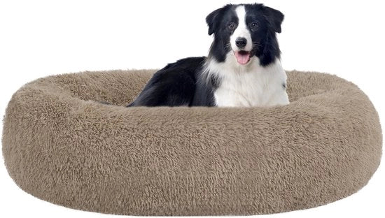 Letto per cani ortopedico, cuscino per cani rotondo, divano per cani, letto per gatti, Donut, culla per cani morbida, lavabile, 90 cm di diametro, color camello.