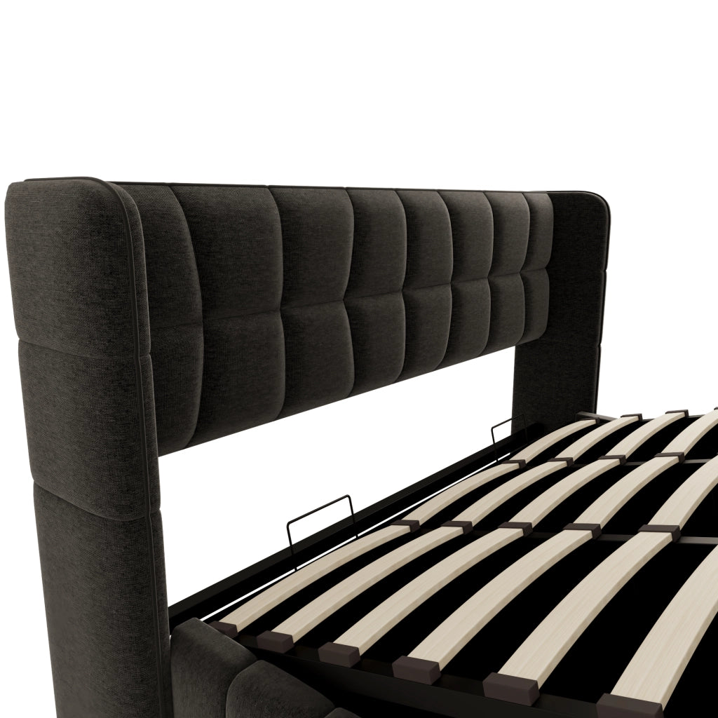 Letto contenitore 180 × 200 cm con sollevamento, senza materasso, per adulti, in tessuto e metallo, grigio