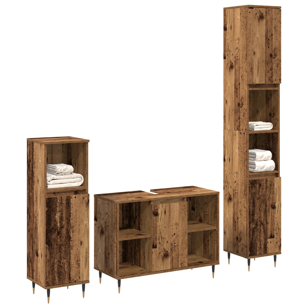 Set Mobili Bagno 3 pezzi Legno Vecchio Legno Ingegnerizzato