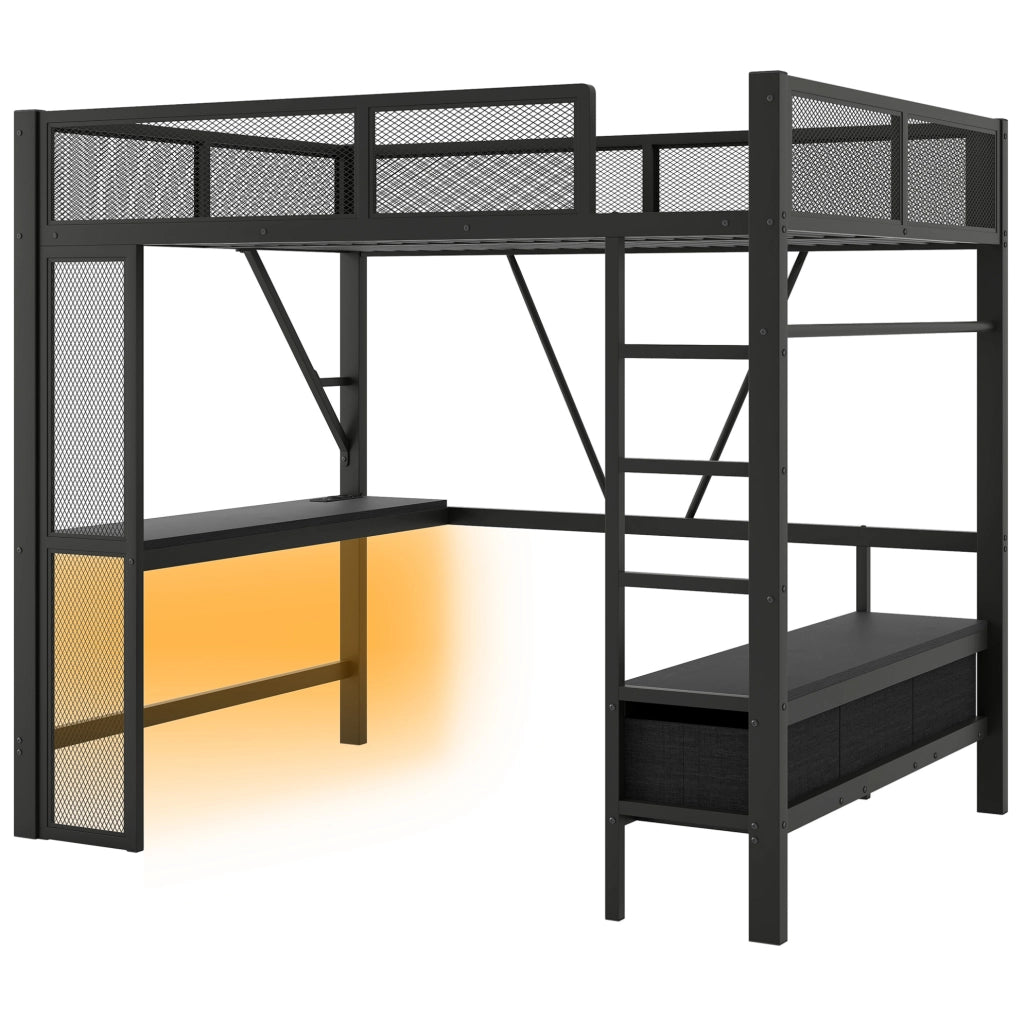 Letto a soppalco 140x200 cm nero – scrivania, contenimento e LED, senza materasso