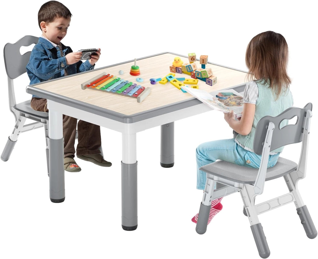 Tavolo per bambini con 2 sedie per bambini, regolabile in altezza, 3 pezzi, in plastica, per cameretta dei bambini, 60 x 60 cm