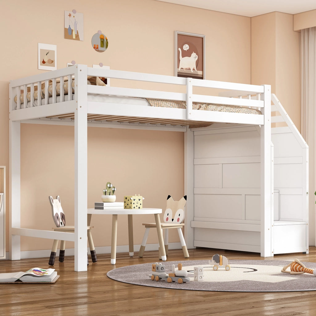 Letto a soppalco singolo 90×200 cm con sponde e scale contenitore; senza materasso; pino; bianco
