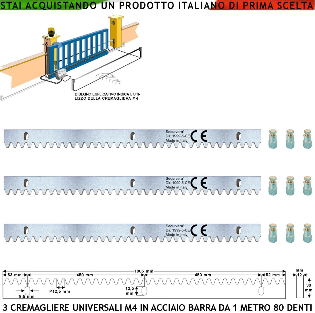 Cremagliera Universale M4 Tre Moduli da 1 MT Con 80 Denti in Acciaio Zincato 12X30 mm Portata Garantita 22 Q.li Max 30 Q.li Fissaggio 3 Bulloni x Metro Ricambio Cancello Scorrevole Giunture a Contatto