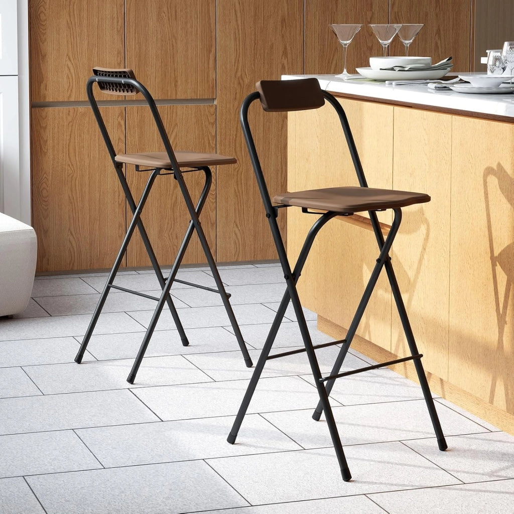 Set di 2 Sgabelli da Bar Pieghevoli, Sedie per Esterni con Schienale Inclinabile, Seduta Curvata e Poggiapiedi, Sgabelli Alti con Struttura in Metallo per Balcone, Terrazza, Giardino (Grigio)