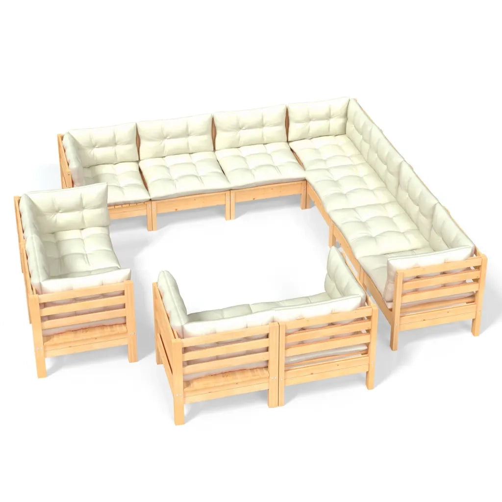 Set Divani da Giardino 11 pz con Cuscini Crema in Massello di Pino 3096935