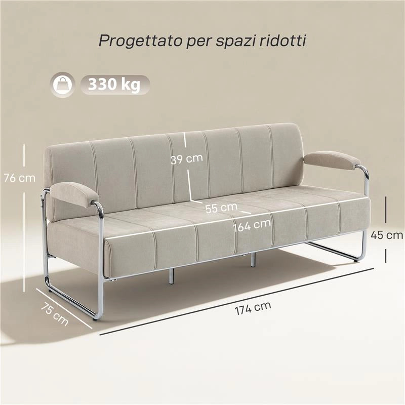 DIVANO 3 POSTI MODERNO RIVESTITO IN CINIGLIA BEIGE, IN ACCIAIO, SPUGNA E PANNELLO MULTISTRATO, 174X75X76 CM