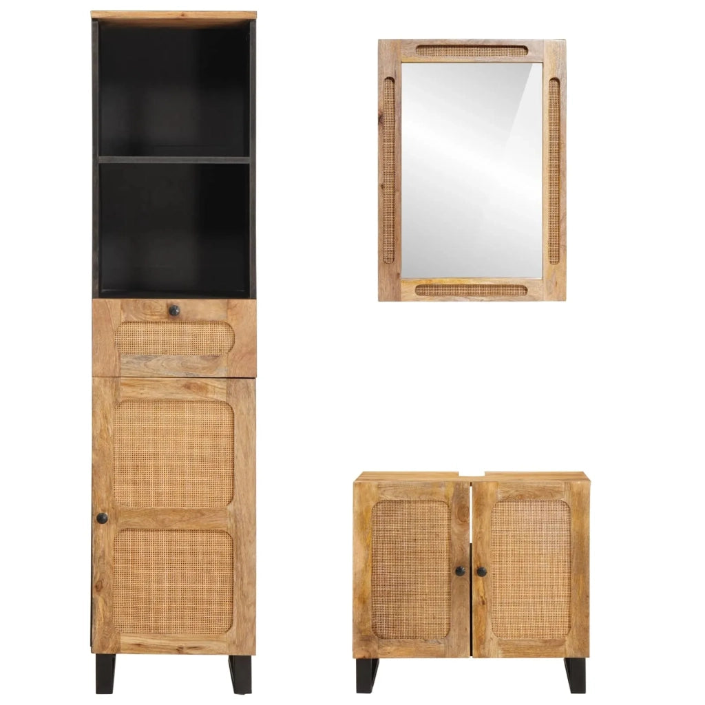 Set da Bagno | Armadio da bagno con porta 3 pz Naturale Legno di mango massello