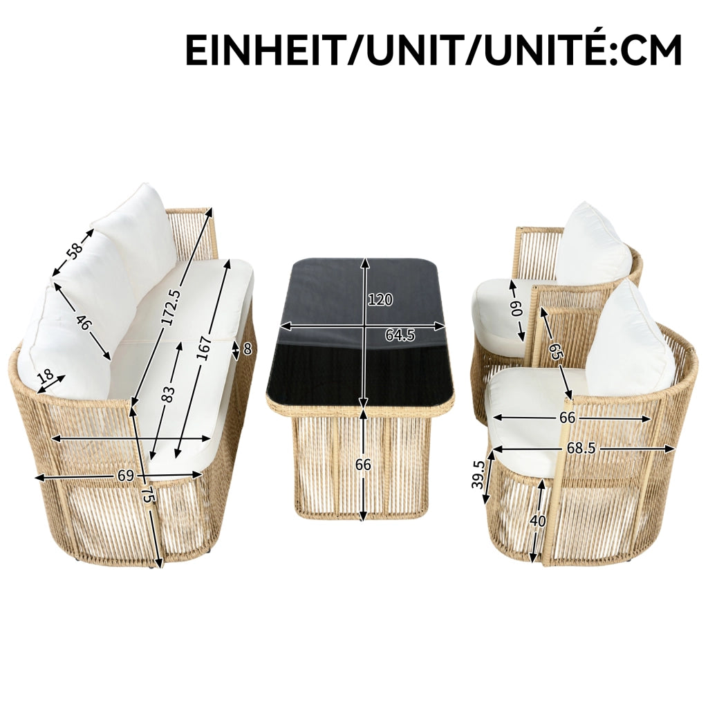 Set da Giardino 4 Pezzi in Polyrattan ¨C Xylo ¨C Divano 3 Posti, 2 Poltrone, Tavolino in Vetro, Cuscini