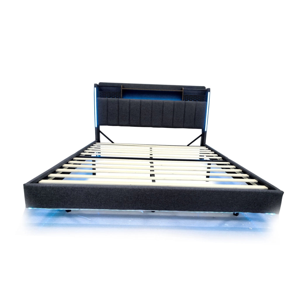 Letto imbottito 160x200 cm; testiera con USB e LED; contenitore; tessuto grigio (Senza materasso)
