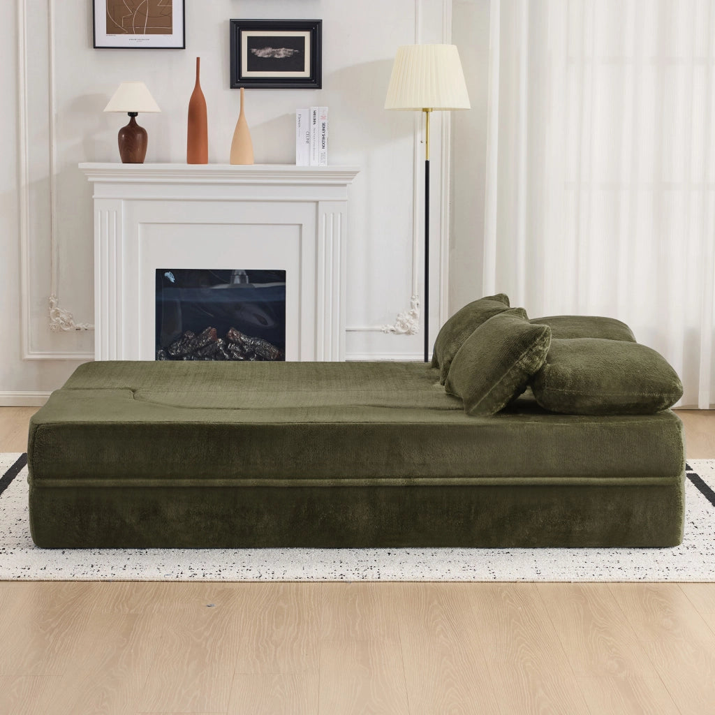 Divano letto futon pieghevole 2 in 1 con schiuma ad alta densità e 4 cuscini design moderno in tessuto verde