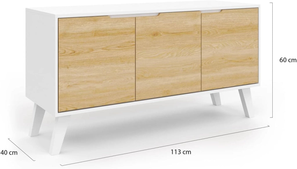 Credenza bassa scandinava 113 cm FINN bianco 3 ante effetto faggio