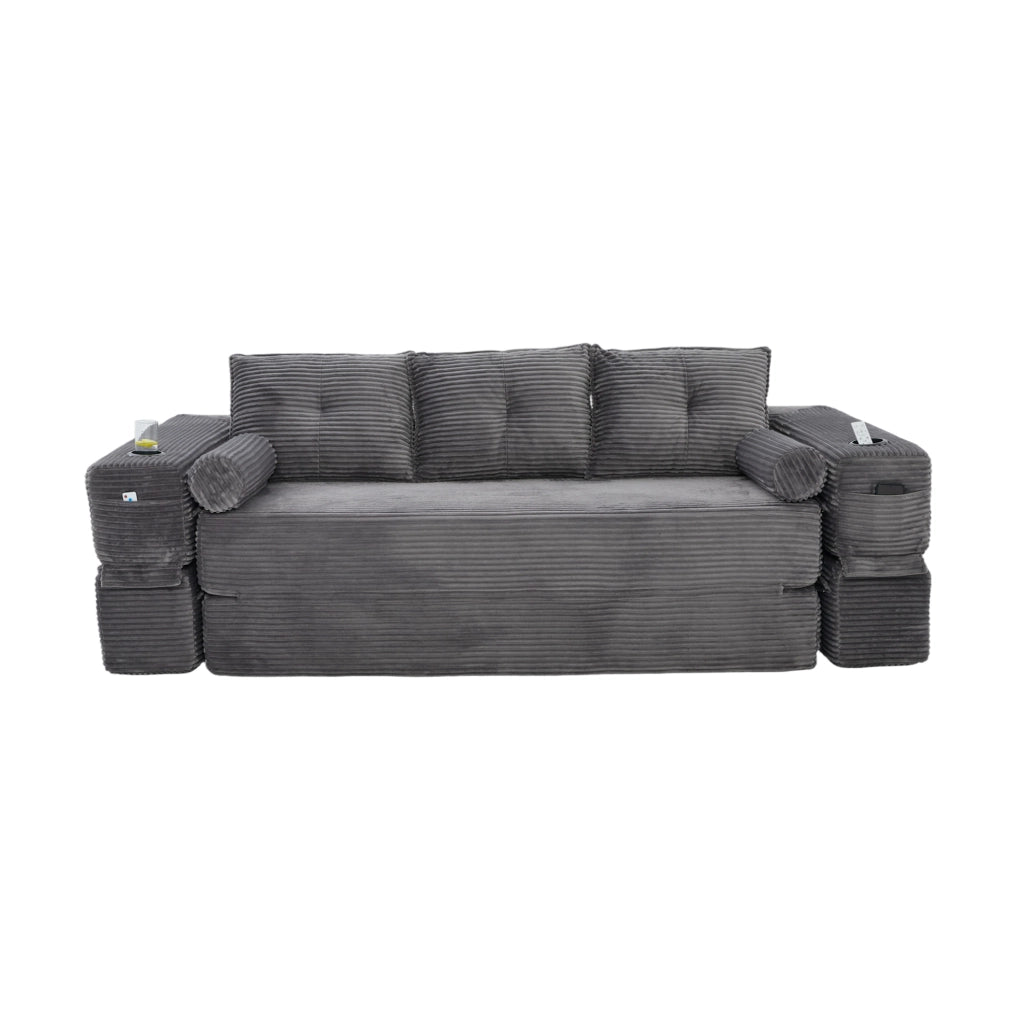 Divano Letto in Velluto a Coste per 3 Persone con Schiuma ad Alta Densità e Molle, Cuscini Memory e Porta Bevande, 232x98x80 cm